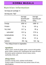Load image into Gallery viewer, Korma nutrition panel. Banu's authentic korma recipe.