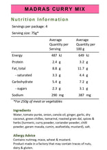 Load image into Gallery viewer, Madras Curry nutrition panel. Banu's authentic madras recipe.