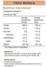 Load image into Gallery viewer, Tikka Masala nutrition panel. Banu's authentic tikka masala.
